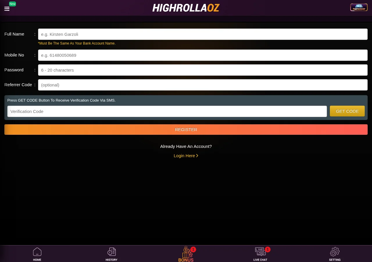 HighRollaOZ account registration login